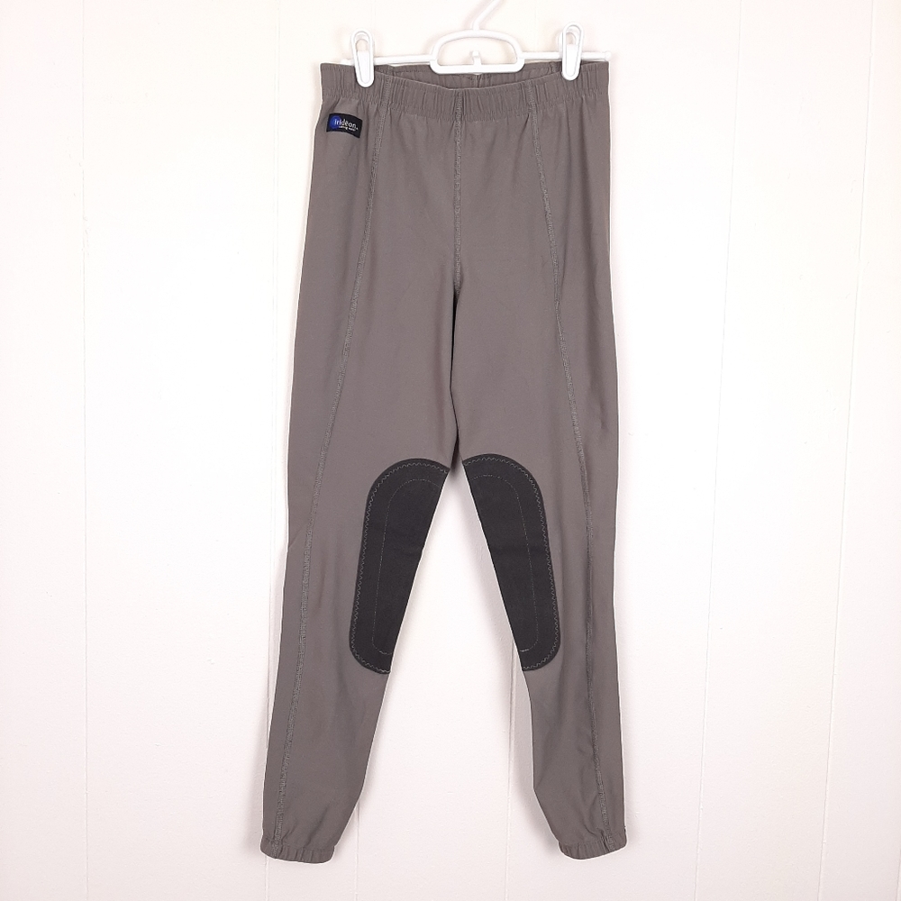 Irideon riding tights knee patch pull on elastic waist equestrian gray taupe M